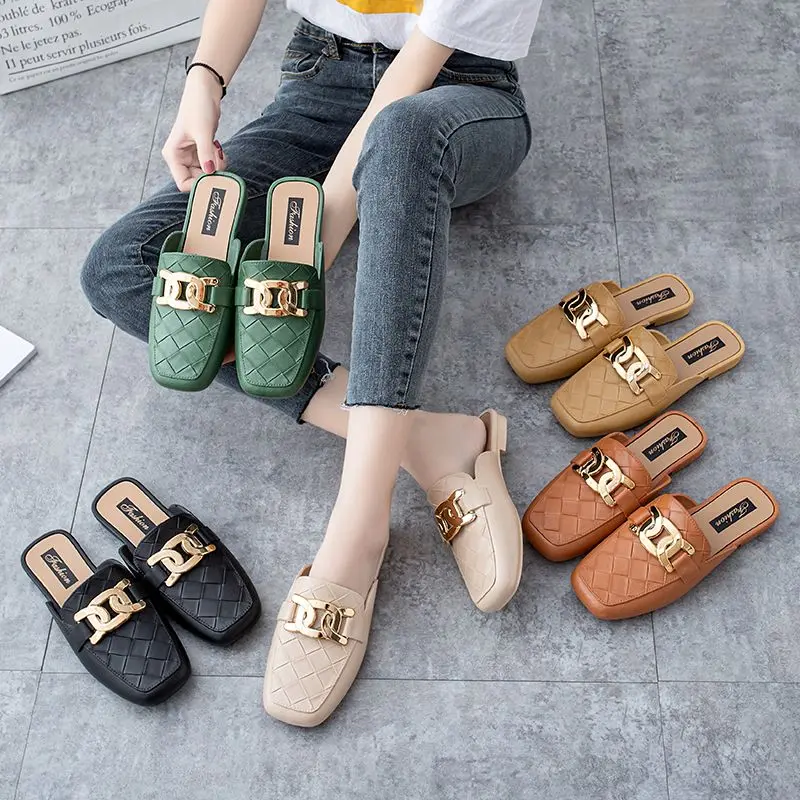 [8479 People Collection] Closed Toe Half Slippers Women'S Summer Outdoor Wear New Fashion Loafers Home Non-Slip Soft Bottom Slip-On Flat Sandals
