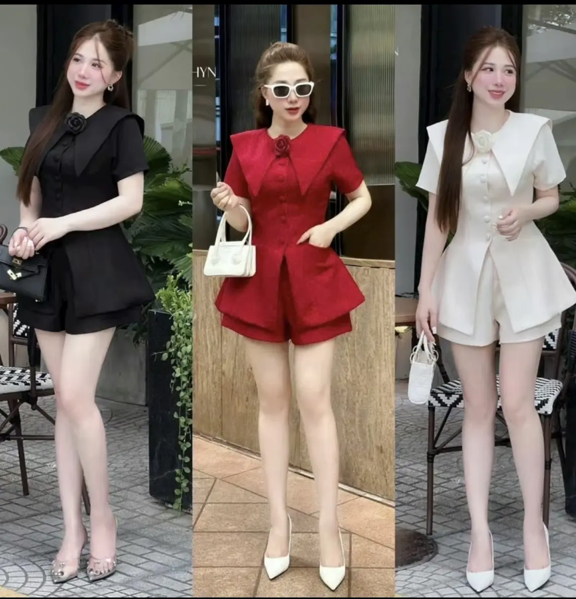 Set Bộ Đùi Lenin Gân Cổ Nhọn Nút Bọc Đính Bông Phối Quần Đùi Nữ Tính Sang Chảnh Dịu Dàng Tôn Dáng Phù Hợp Với Mọi Lứa Tuổi, Phù Hợp Mọi Phong Cách.