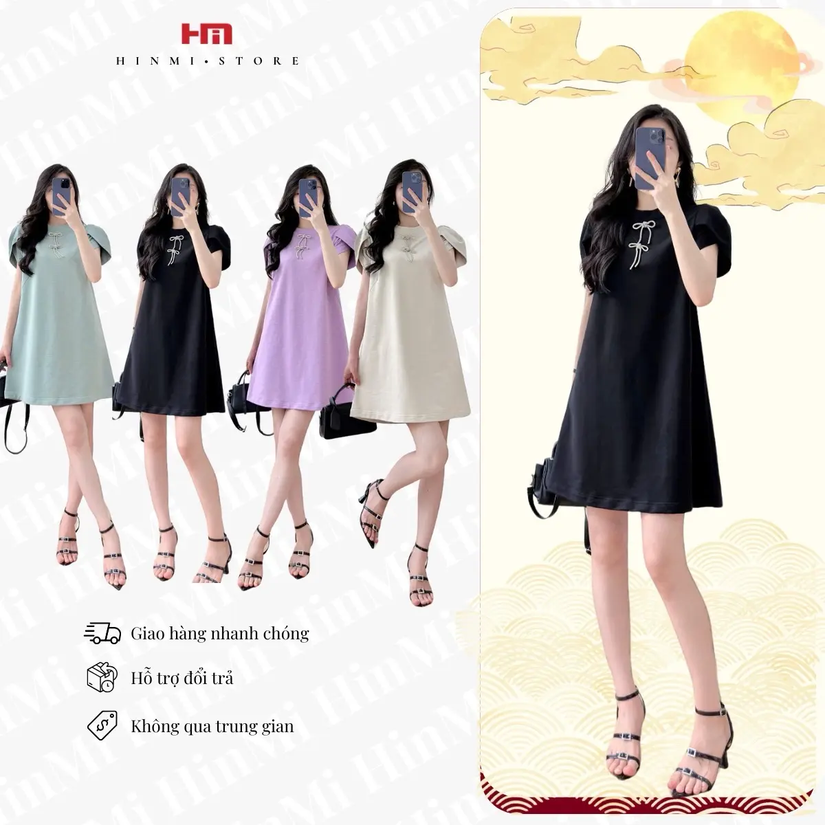Váy Chữ A_Tay Búp Đính Nơ Kim Tuyến,Chất Conton Co Giãn Mềm Mịn,Thấm Hút Nữ Women Dress Đen