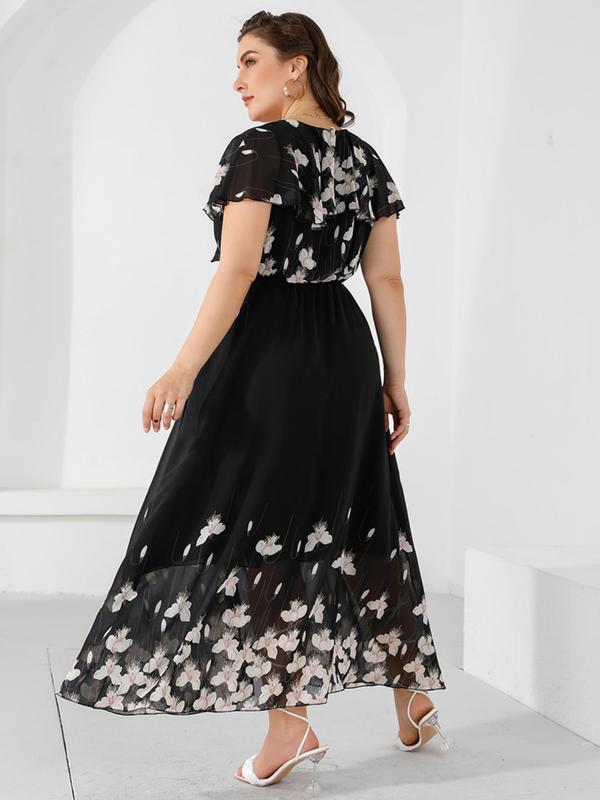Plus Floral Print Ruffle Hem Flounce Sleeve Chiffon Long Dress, Summer Clothes Women, Casual V Neck Short Sleeve A Line Dress for Summer, Women's Clothes, Plus Size Women's Dresses 5