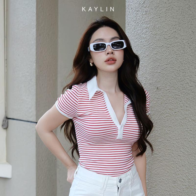 Áo thun nữ KAYLIN form ôm cổ Sơ mi phối sọc chất vài thun co giản form Polo phong cách công sở thanh lịch - N2252 Top Women Polo Cotton