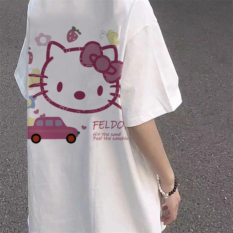 Áo Phông ngắn Tay Cho Nữ, Phong Cách Preppy Ngọt Ngào Dáng Rộng Rãi, Thiết Kế Hoạt Hình Mùa Hè, Thích Hợp Cho Học Sinh, Có Mèo Hellokitty Nhật Bản, Dễ Phối Đồ 2