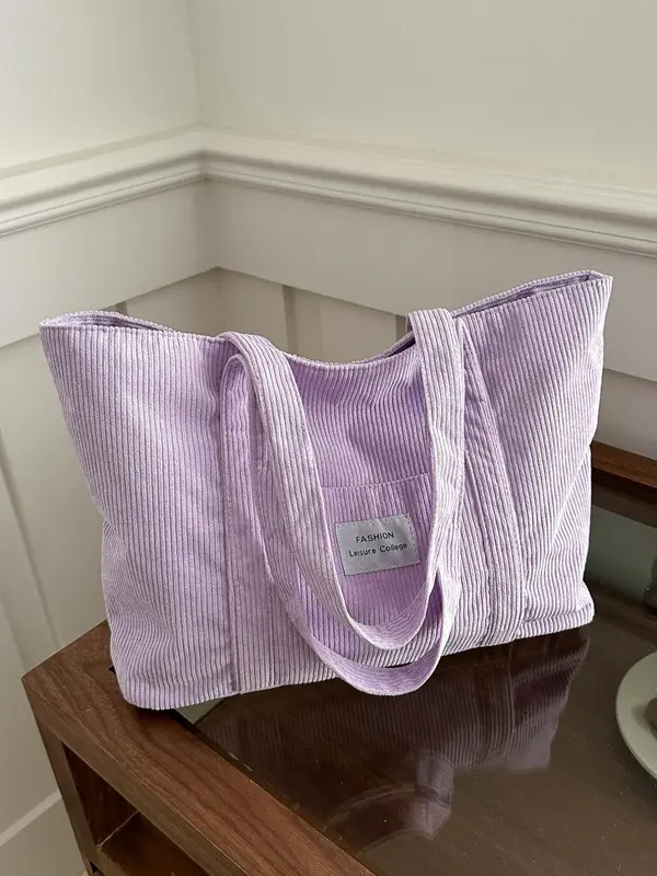 Solid Color Corduroy Tote Bags for Women, Gifts for Girlfriend, Fashionable Letter Label Decor Shoulder Bags for Work Office, Girls Large Capacity Shopping Bag, Handbags for Women, Handbags for School, Wife Up Work Bag, Travel Accessories 6
