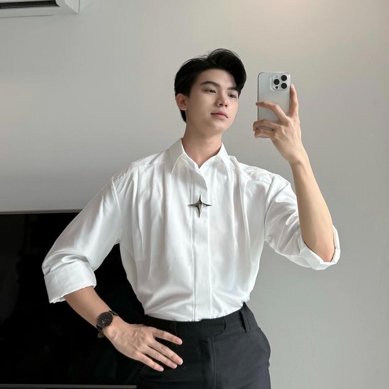 Áo sơ mi nam dài tay Raglan xếp ly kèm khuy cài kim loại chất liệu chéo hàn cao cấp SIXHUMAN HM089 Menswear