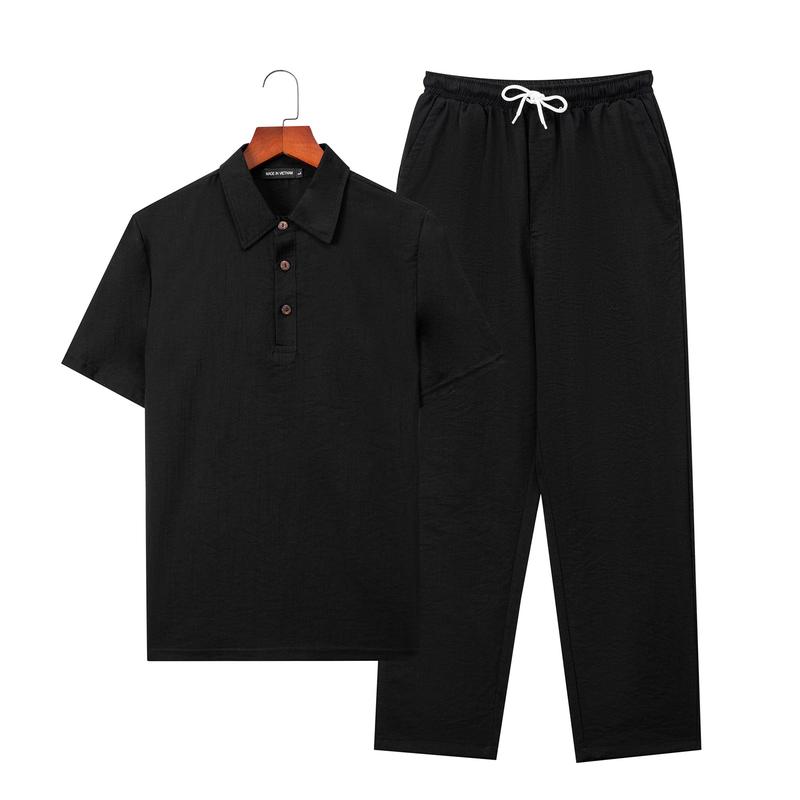 Bộ Quần Áo Đũi Nam Áo Cổ Bẻ Tay Ngắn Quần Dài Vải Đũi Mềm Mịn Nhẹ Thoáng Thấm Hút Mồ Hôi Tốt Áo Menswear Đen