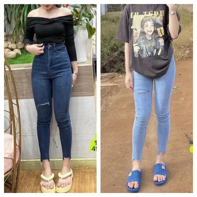 Quần Jean Skinny Nữ Size Đại Rách Đùi Gấu Vuông  Women Pants