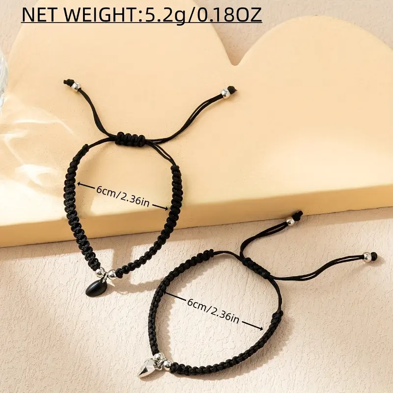 2pcs Heart-shaped Combination Couple'S Hand Woven Adjustable Bracelet Set, Valentine'S Day Gift, Friendship Bracelet, Casual Vacation Bracelet 4