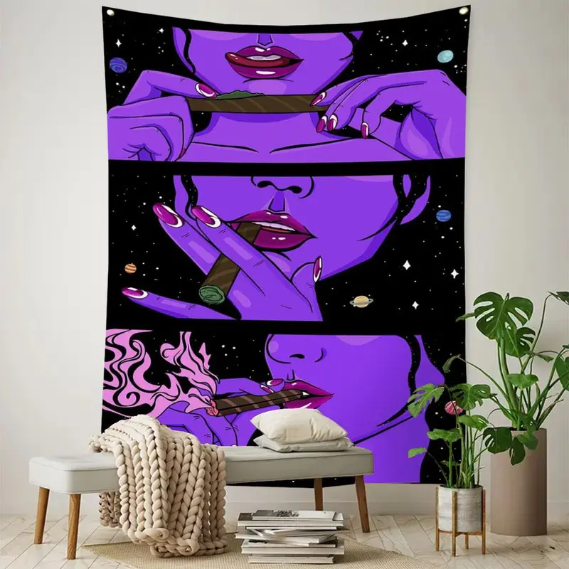 Smoking Girl Tapestry, 1 Count Trippy Hanging Tapestry, Wall Hanging Decor for Home Bedroom Living Room, Home Decor Set 3