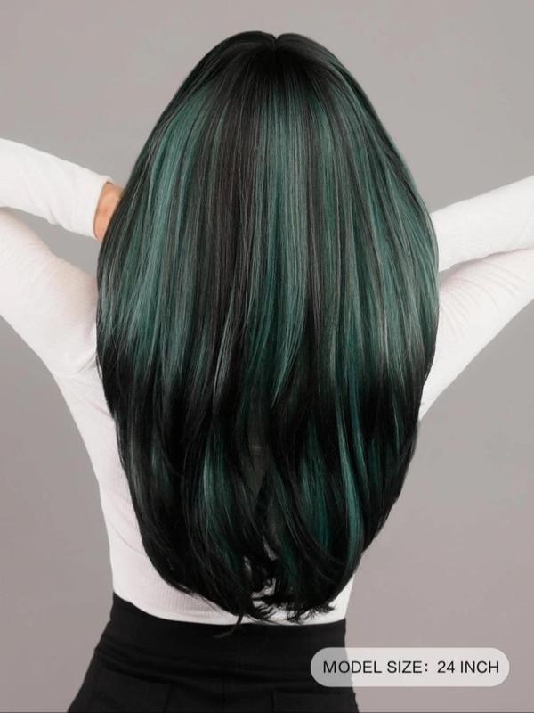 24 Inch Green Gradient Color Long Layered Wigs for Women, Striking Natural Fluffy Hair Wigs with Curtain Bangs, Synthetic Hair Wigs for Party, Daily Use 1