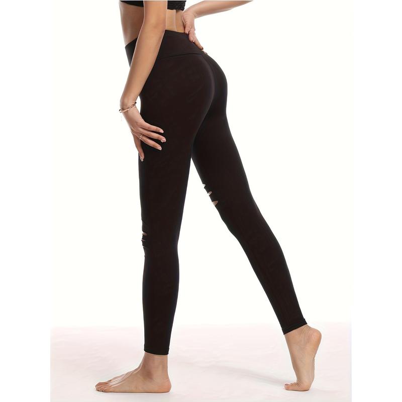 Women's High-Waist Ripped Yoga Leggings - Breathable, Stretchy Workout Pants for Fitness & Outdoor Activities, Black 4
