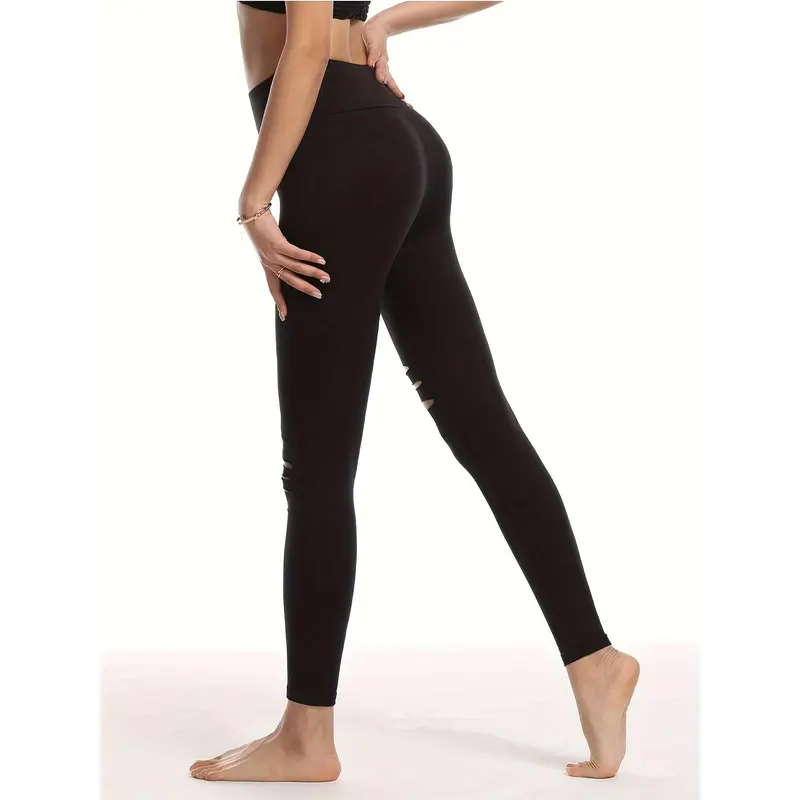 Women's High-Waist Ripped Yoga Leggings - Breathable, Stretchy Workout Pants for Fitness & Outdoor Activities, Black 4