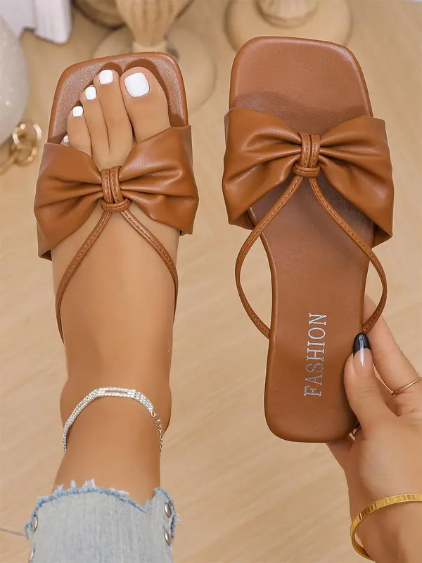 Women's Bow Decorated Slide Sandals, Casual Square Toe Flat Sandals for Summer, Lightweight Breathable Comfortable Shoes for Daily Wear, Girl 4