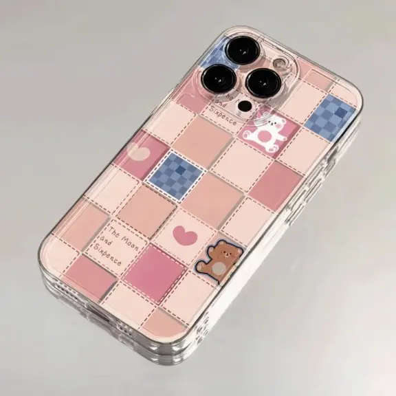 Pink and White Plaids Bear for Iphone15promax Phone Case Apple 13/14/12/11/16 Sets XR