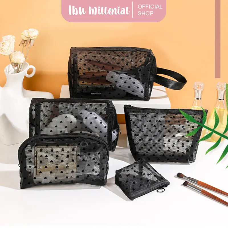 IBUMILLENIAL Tas Kosmetik Jaring Pouch Make Up Transparan Tas Penyimpanan Portable Love Ritsleting TM016