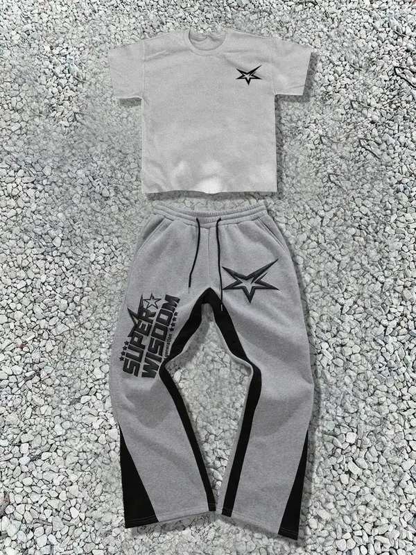 Two-Piece Set Men's Star Print Tee & Sweatpants, Regular Fit Casual Fashion Cozy Breathable for Daily Wear, Men's Clothes for All Seasons, Menswear 0