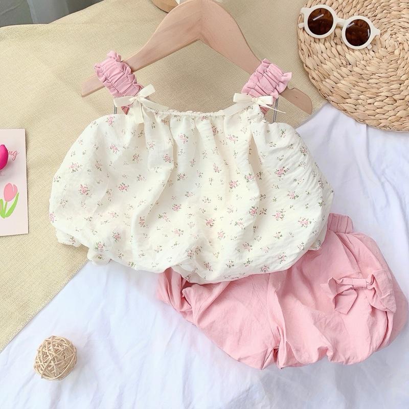  Set Áo Hai Dây Hoa Nhí  + Quần Bí Ngô Hồng Đính Nơ cho bé gái 