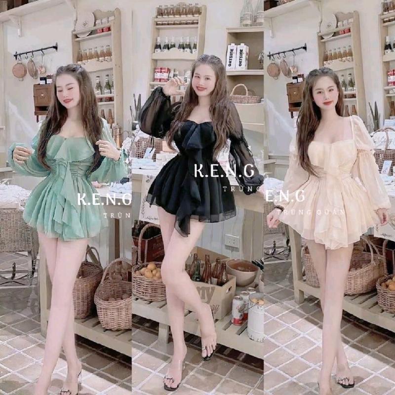Đầm dài tay voan tơ bèo ngực kèm quần Dress váy nhẹ nhàng đi chơi, đi tiệc Women Top váy đẹp Kim tuyến