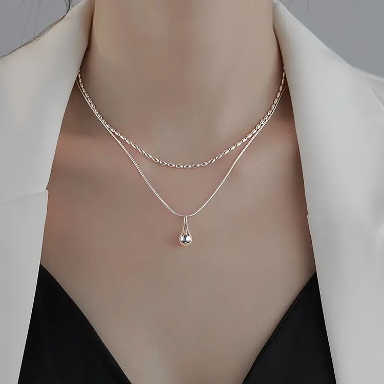 Vòng Cổ Hai Lớp, Mặt Dây Chuyền Giọt Nước, Dây Chuyền Xương Rắn Hạt Gạo, Đôi Thanh Lịch, Cao Cấp, Phong Cách Ngầu Thời Trang, Dễ Phối Đồ, Dây Chuyền Xương Đòn Nữ Women