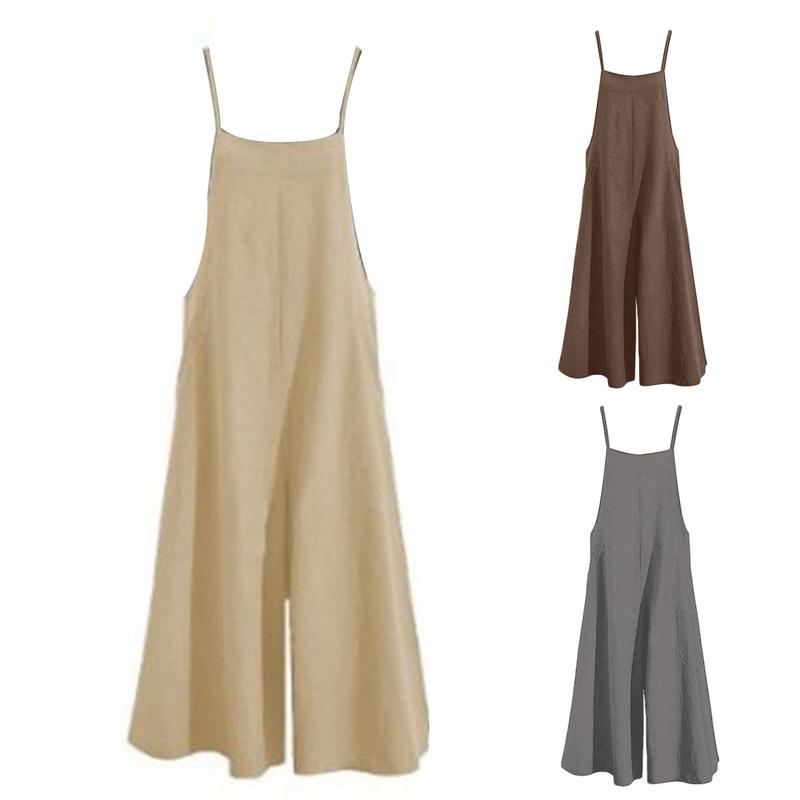 Women Jumpsuit Solid Color Wide Leg Summer Shoulder Strap Side Pockets Romper for Daily Wear 3