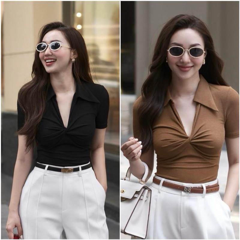 ÁO THUN XOẮN NGỰC , ÁO BIGSIZE TAY NGẮN CỔ V CHẤT TĂM LẠNH- ÁO CỔ BẺ SANG CHẢNH: 02 ( Full-size:40-90 kg ) Nữ Women Top Sơ Mi