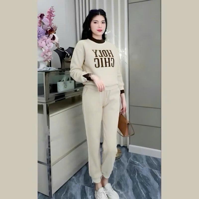 Sét bộ đồ nữ chất nỉ áo dài tay cổ tròn in chữ mix quần dài ống bo M831