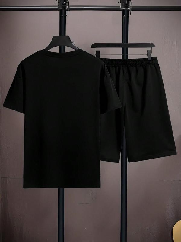 Men's Plus Size Letter Print Short Sleeve Tee & Pocket Shorts Set, Regular Fit Round Neck T-Shirt & Track Shorts, Casual Fashion Cozy Breathable Men Two-Piece Outfits For Summer 1