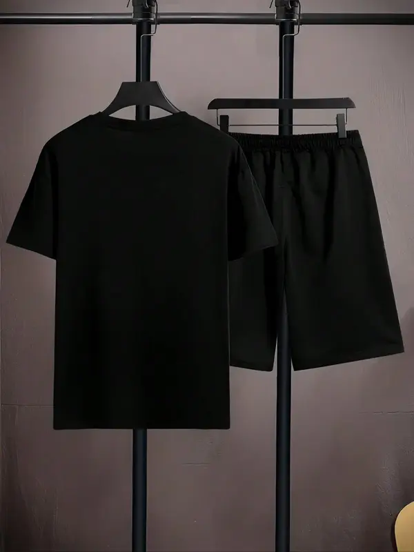 Men's Plus Size Letter Print Short Sleeve Tee & Pocket Shorts Set, Regular Fit Round Neck T-Shirt & Track Shorts, Casual Fashion Cozy Breathable Men Two-Piece Outfits For Summer, Clothes 1