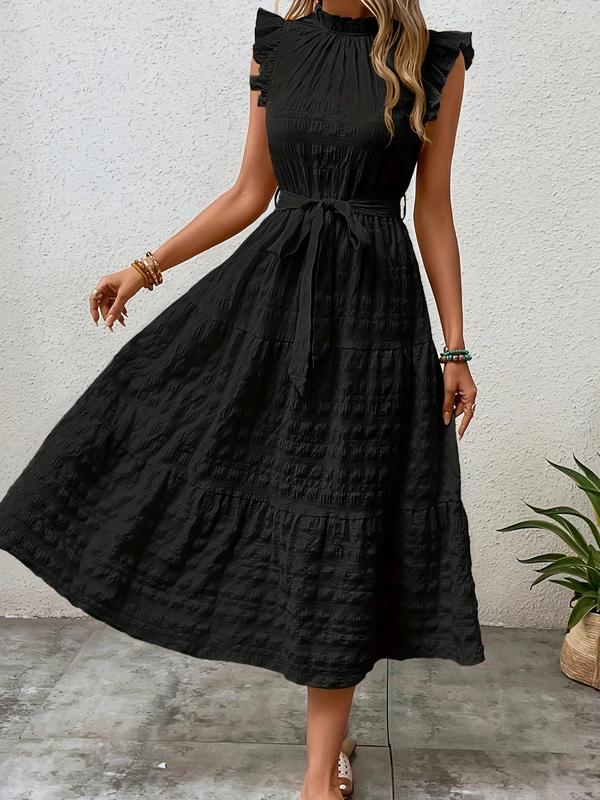 Plain Belted Ruffle Hem Frill Trim Keyhole Neckline Butterfly Sleeve Dress, Boho Cap Sleeve A Line Long Dress for Beach Holiday Vacation, Ladies Summer Clothes 5