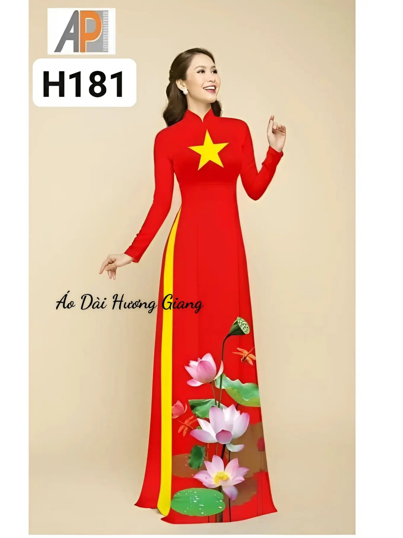 A12-Áo dài đồng phục cờ đỏ sao vàng hoa sen và trống đồng,co dãn , in sắc nét - Áo Dài Hương Giang Nữ Women Màu Đỏ