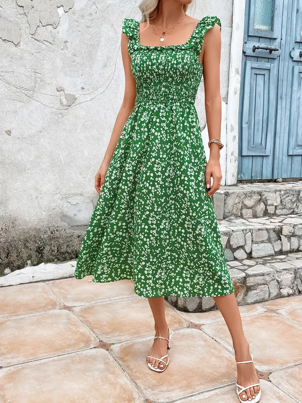 Women's Ditsy Floral Print Ruffle Hem Shirred Dress, Boho Scoop Neck Midi A-line Dress for Holiday Vacation, Summer Clothes Women, Ladies Summer Clothes 0
