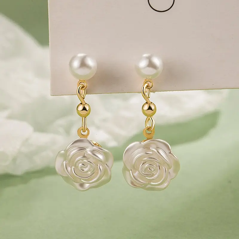 Vintage Camellia Pearl Earrings with Clip-On Elegant White Rose Design, High-End Retro Style, Perfect Feminine Gift