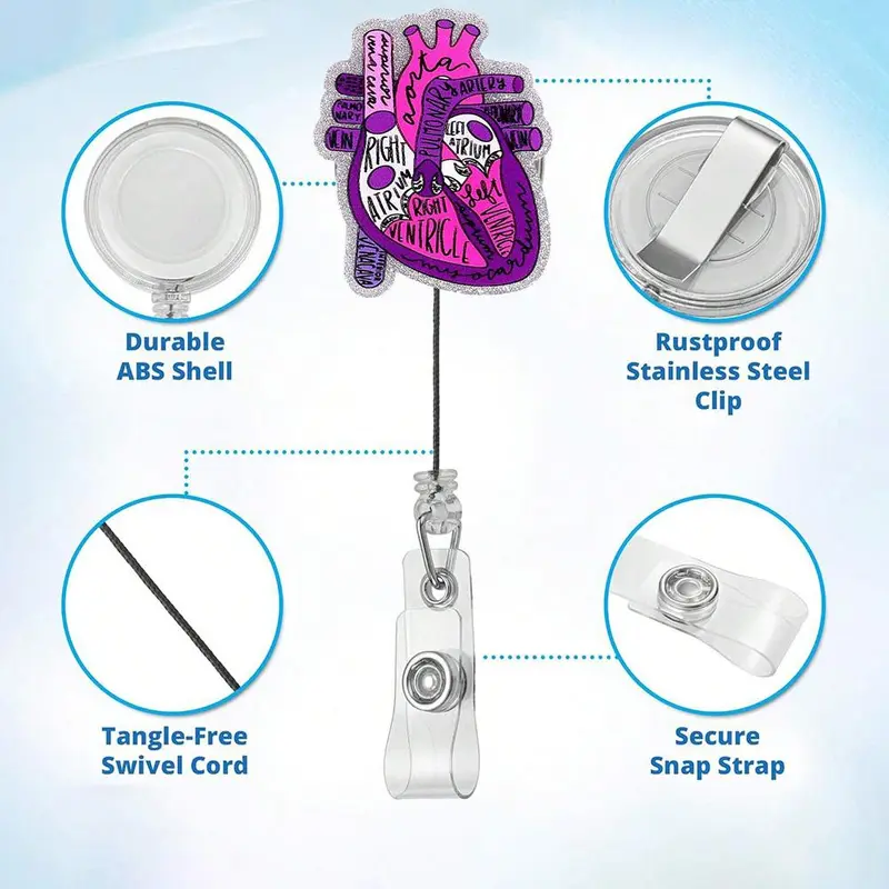Heart Pattern Badge Holder, 1 Count Retractable Badge Reel with ID Clip, Identification Badges & Supplies for Nurse Doctor Student Worker 2