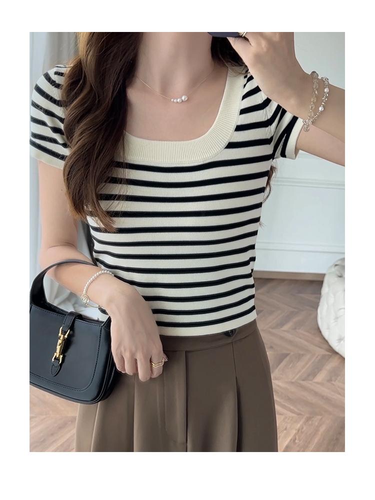 Product Introduction of Striped Short Style Top Design Sense Niche 2024 New Summer Sweet Slim Fit Inner Shoulder Short-Sleeved T-shirt Women's Striped Short-Sleeved Top 13