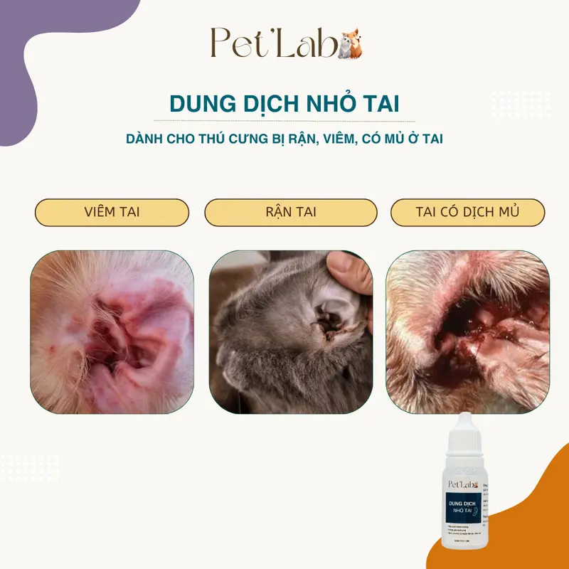 Dung Dịch Nhỏ Rận Tai Cho Chó Mèo PET'LAB có tác dụng làm sạch tai, xử lý rận tai, viêm tai [ Mua 4 lọ tặng 1 lọ ] tặng kèm vitamin + tăm bông. 2