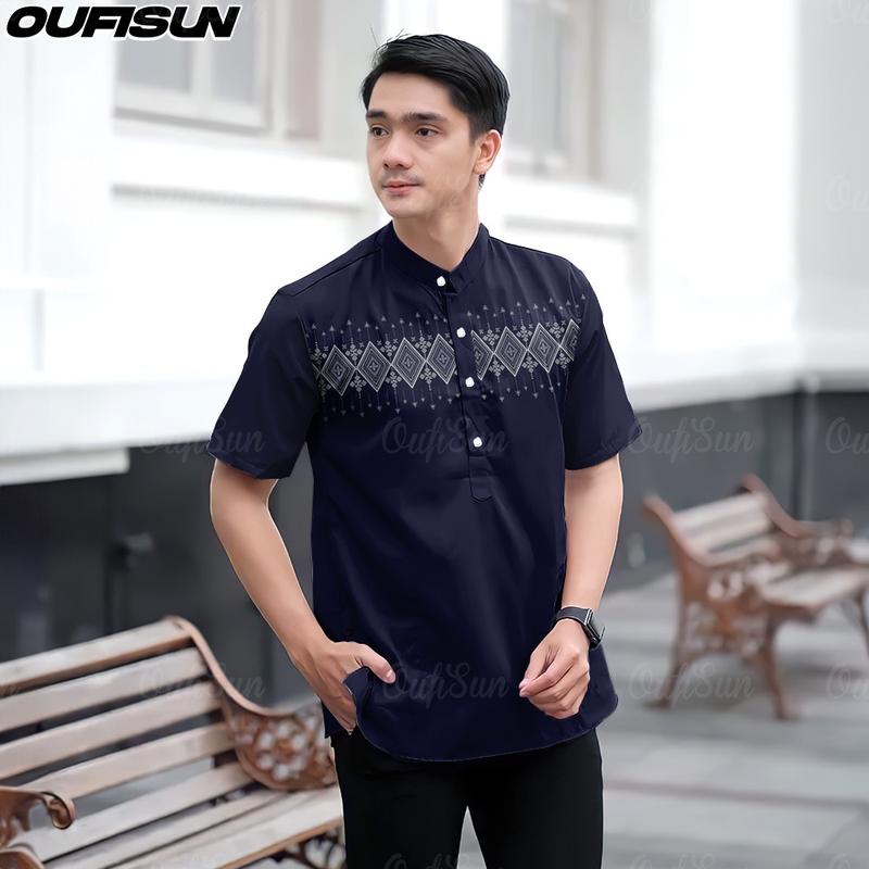 Product Introduction of Baju Raya 2025 Malaysia Ramadan Modern 3D Sublimation Print Stand Collar Short Sleeve Men's Shirt Casual Batik Koko Kurta Formal Shirt, MEN'S KOKO SHIRT 2