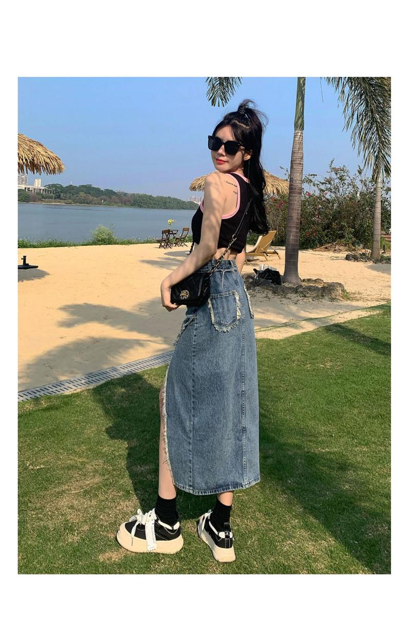 Product Introduction of Tassel denim mid-length spring and autumn 2023 new style raw edge high waist slimming fashionable all-match trendy long skirt 18