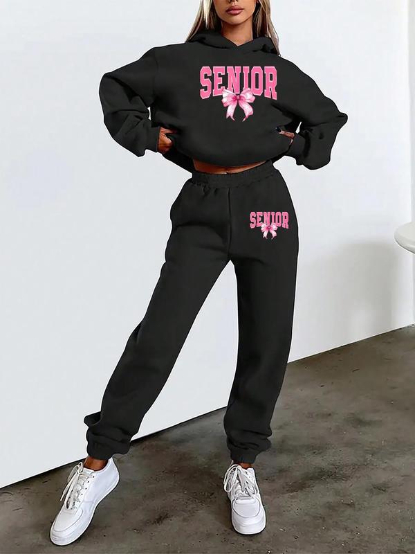 Women's Letter Print Drop Shoulder Hoodie & Elastic Waist Sweatpants Two-piece Set, Casual Fashion Cozy Breathable Two Piece Outfits for Daily Outdoor Wear, Women Clothes for Fall & Winter 4