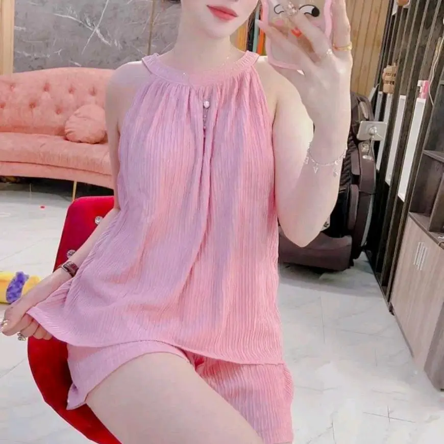 đồ bộ quần đùi  không túi  xốp Nhật cổ yếm   fom to 40_65  kg Women