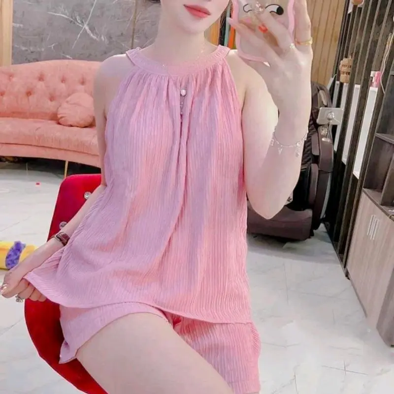 đồ bộ quần đùi xốp Nhật cổ yếm fom to 40_65 kg Women