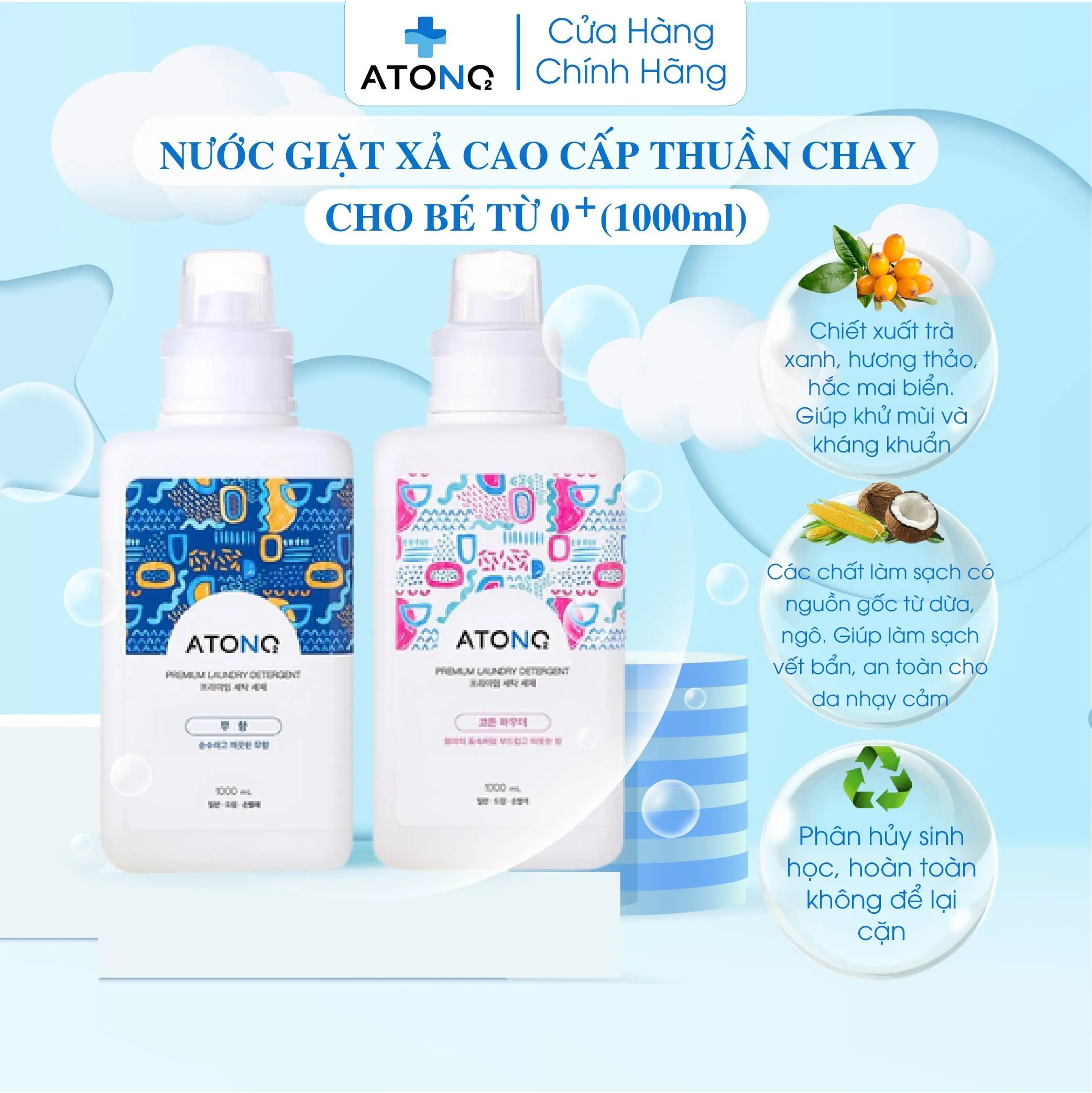 (TRONG LIVE) Nước giặt cao cấp thuần chay ATONO2, thành phần 100% tự nhiên, pH trung tính, an toàn cho trẻ từ sơ sinh