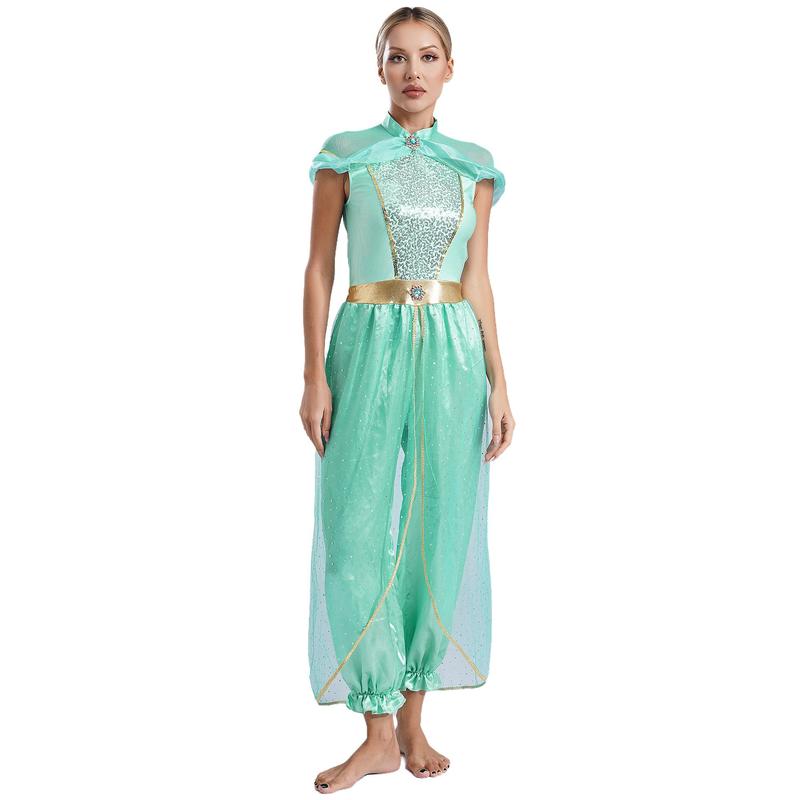 dPois Women Girls Arabian Princess Rompers Belly Dance Costume Cosplay Halloween Adult Fancy Dress Up 2