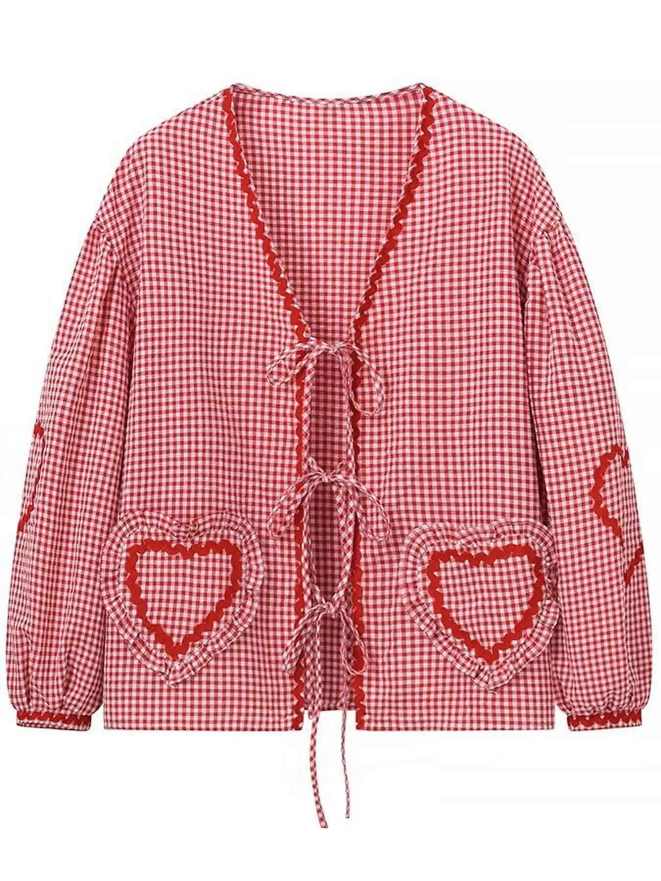Women's Gingham Print Heart Patched Frill Trim Tie Front Blouse, Casual Checkered Print Drop Shoulder Long Sleeve V Neck Top for Fall & Winter, Women's Clothes for Daily Wear