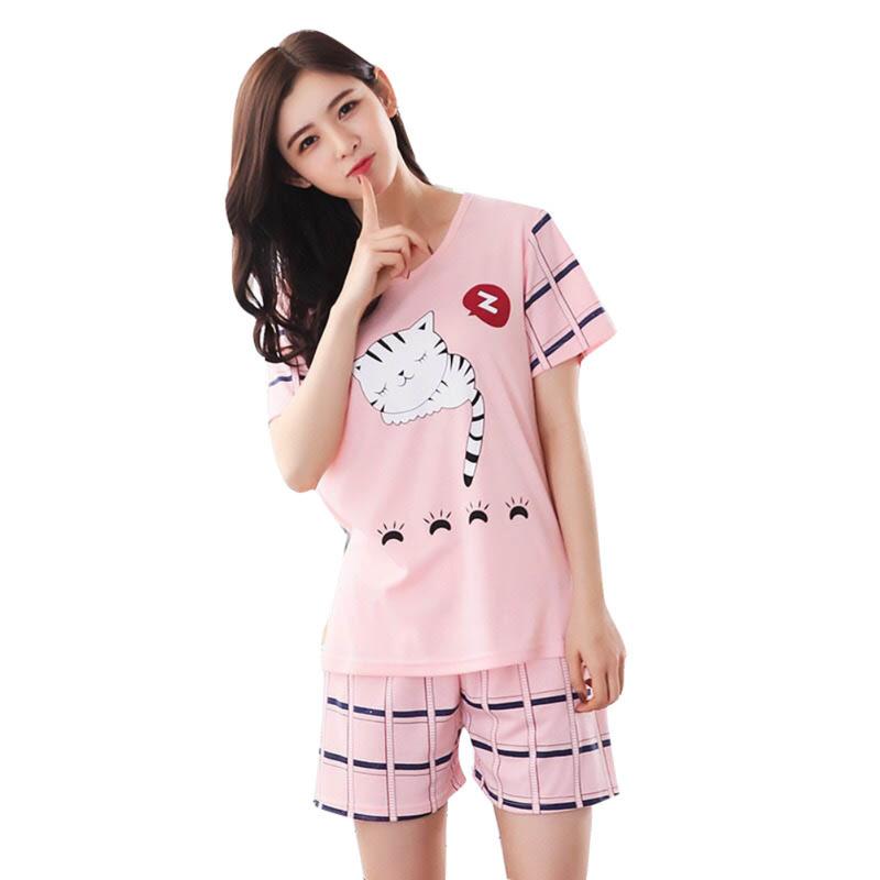 CO- 2Pcs/Set Cute Cartoon Animal Women Sleepwear Short Sleeve Top Shorts Pajamas 1
