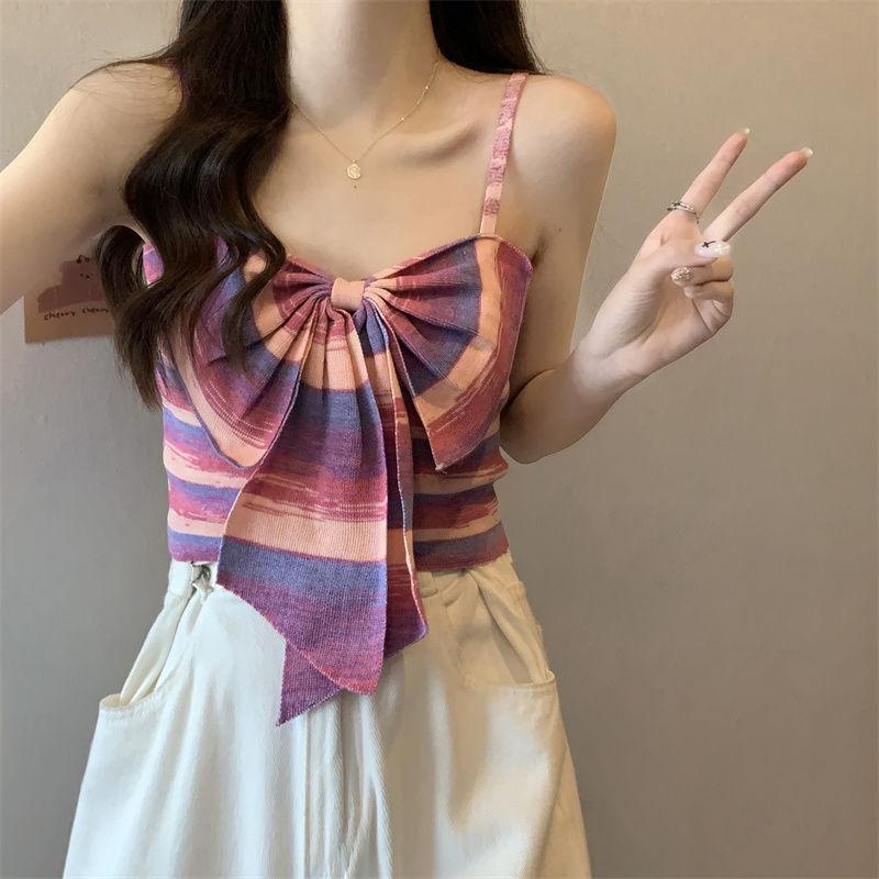 Product Introduction of Sweet and Spicy Style Striped Small Sling Vest Women's Summer Inner Wear Outer Wear Design Sense Niche Bow Sleeveless Short Top turtleneck  tank Lingerie Plaid Spaghetti Strap tank  top camisole  tops baby  tee 15