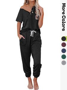 Women's Solid Color Short Sleeve Tee & Pocket Pants Loungewear Two-piece Set, Casual Comfy T-shirt & Trousers PJ Set, Ladies Loungewear for All Seasons