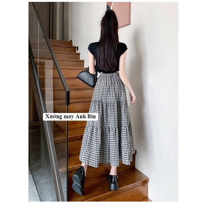 Chân váy maxi 3 tầng kẻ caro cạp chun lưng cao, dài 86-88cm chất đũi Nhật cao cấp mềm mại và thanh thoát 1