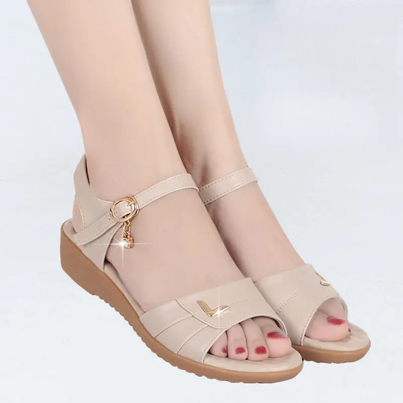 Women's sandals genuine leather soft bottom flats large size shoes