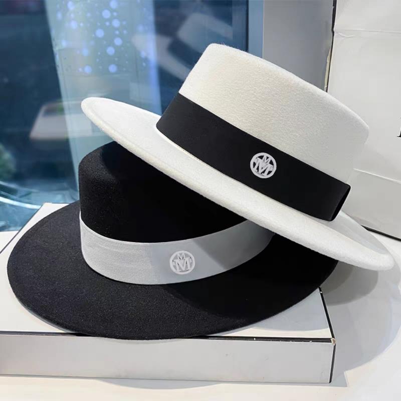 Mũ Dạ Boater ĐB Đai Màu Phối Tag M Da Unisex