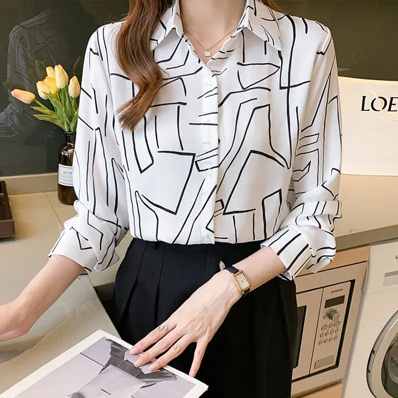 Áo Voan, Phong Cách Hàn Quốc, Nữ, Họa Tiết Hình Học, Thiết Kế Khối Màu, Cổ Bẻ Áo, Dài Tay