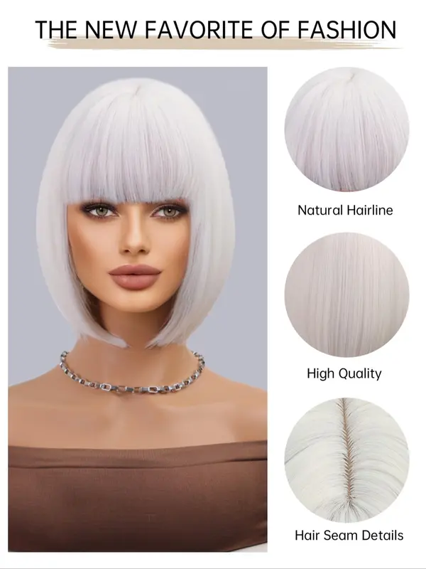 12 Inch Short White Straight Wigs for Women, Gorgeous Fluffy Wigs with Bangs, Synthetic Full Machine Wigs for Party, Daily Use 6